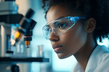 A young scientist focuses intently through a microscope in a lab setting, representing curiosity, analysis, and exploration in scientific research environments.