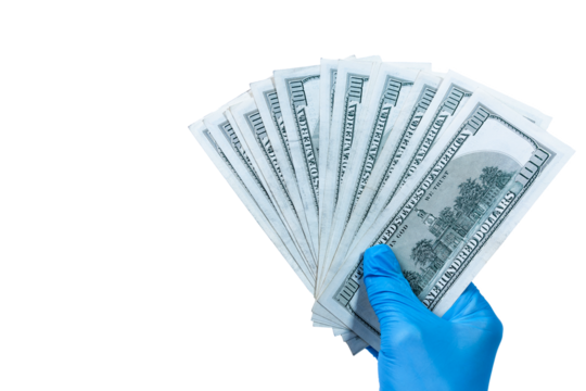 Paper banknotes in the form of a fan in the hands of a doctor in medical gloves, png background. Paid medicine.