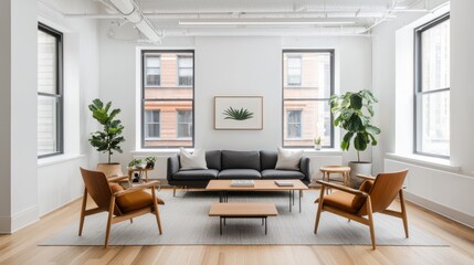 Fototapeta premium Creating a modern flexible coworking space minimalist office in urban environment for enhanced productivity