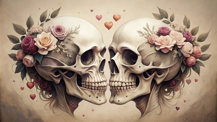 Naklejka premium Minimalist Illustration of a Love Skull Couple Embracing in a Unique and Artistic Style, Perfect for Romantic Decor and Alternative Art Lovers