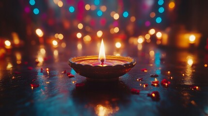 Colorful Diwali Diya with Glowing Flame and Festive Bokeh