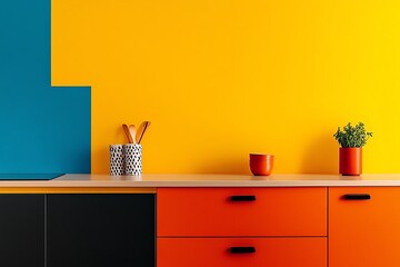 Low-angle view of a minimalist kitchen, vibrant colors blending with sleek shapes, culinary art as an utopian dreamscape