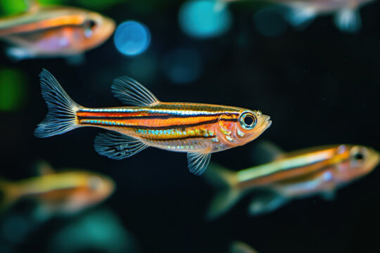 A vibrant zebra danio fish with shimmering scales swims gracefully in a dark, tranquil aquarium, showcasing its distinctive horizontal stripes and bright colors.