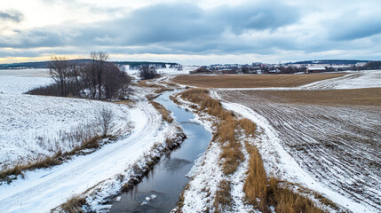 Obraz premium Winter plowed field with small river European nature agriculture concept. Rural nature scenery landscape. Cold weather winter landscape with snow and ice