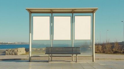 Three blank vertical posters on a glass wall, a simple metal bench below in a modern bus stop setting