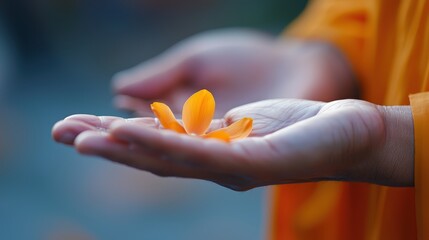 Hands holding an orange flower petal delicately