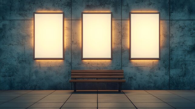Three glowing posters on a textured wall, with a comfortable bench below under a transparent bus stop roof