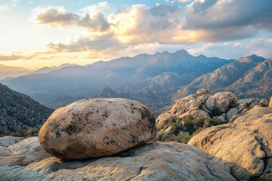 A mountain landscape with a cloudy sky above, focusing on rocks in the foreground and a view of the mountains in the distance.