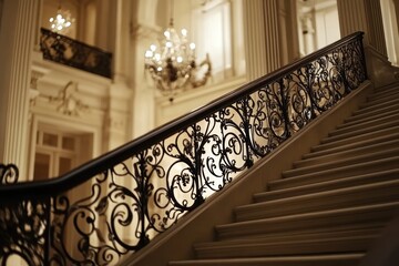 Elegant staircase with ornate railing in a grand interior setting.