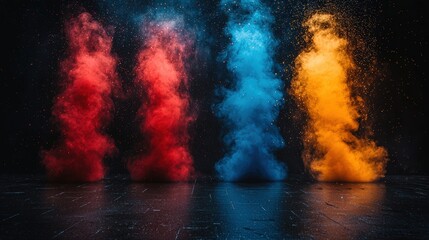 Obraz premium Vibrant colored smoke plumes against a dark backdrop