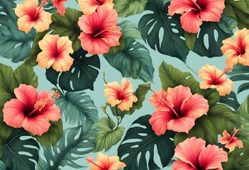 A summer inspired blend of tropical leaves and bright hibiscus flowers, AI Generated