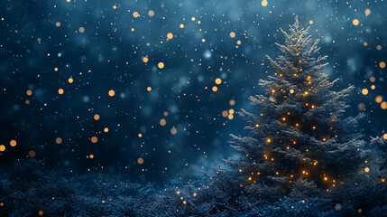 Obraz premium Green Christmas tree on blue background, banner with copy space