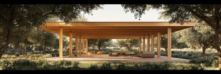 Fototapeta premium Modern open pavilion surrounded by greenery, designed for leisure and relaxation.