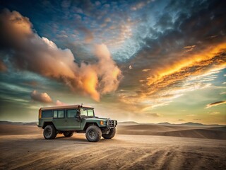 Minimalist Photography of a Military Vehicle in a Serene Landscape, Emphasizing the Rugged Design and Earthy Tones Against a Soft Sky Background