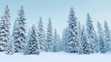 Naklejka premium Snow-covered forest with tall trees in a serene winter landscape.