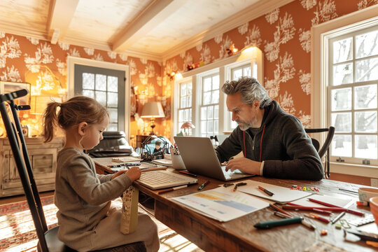 Parent Working from Home, A parent on a video call at home, while a child plays in the background