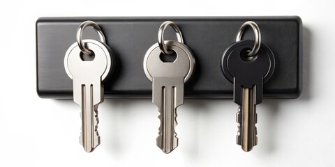 Candid Photography of a Black Magnetic Key Holder with Three Keys on a Clean White Background, Showcasing Practical Home Organization Solutions for Everyday Use