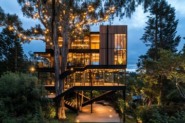 Side view of a luxurious treehouse, twinkling lights reflect on sustainable materials, harmony with nature