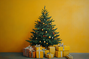 Christmas tree decoration with gifts home interior festive atmosphere vibrant color cozy setting holiday spirit