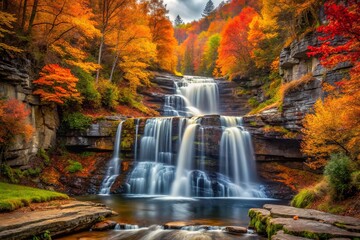 Obraz premium Captivating Autumn Waterfall Amidst Vibrant Fall Foliage, Nature's Serene Beauty in a Tranquil Forest Setting, Perfect for Seasonal Landscapes and Relaxation Imagery