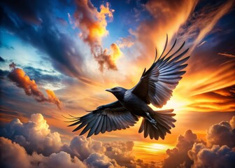 Fototapeta premium Captivating Double Exposure of a Black Bird in Flight with Fully Extended Wings Against a Dramatic Sky Background for Nature and Wildlife Photography Enthusiasts