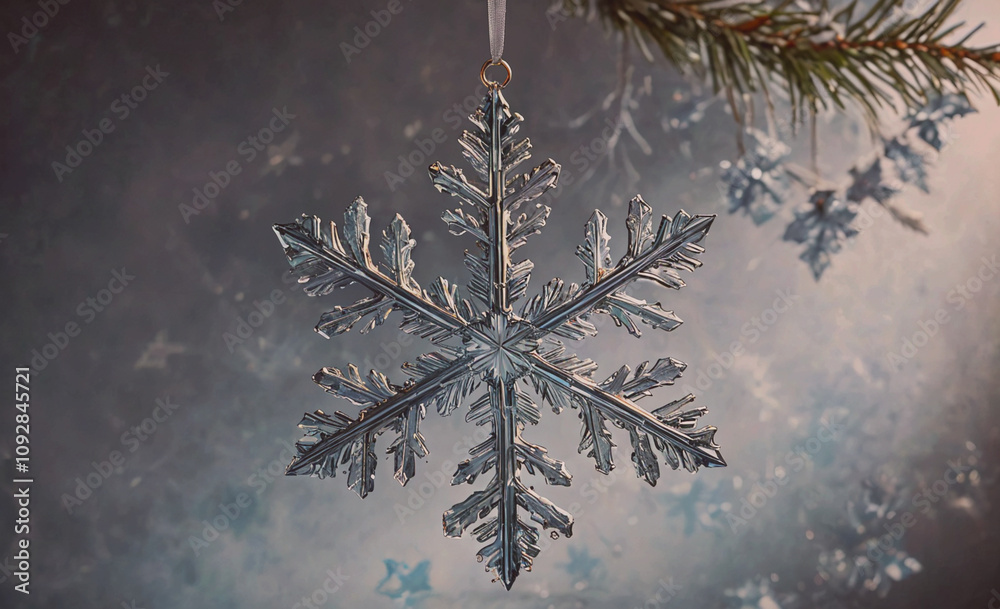 Poster silver snowflake ornament hangs from a tree branch. the snowflake is made of metal and has a shiny, 