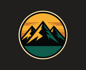 Vector Mountain Range Illustration with Sunset and Stars in a Minimalist Circular Emblem