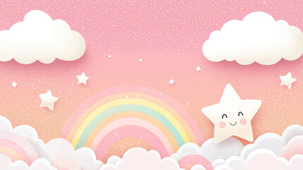 Happy star in colorful pastel environment with clouds and rainbow
