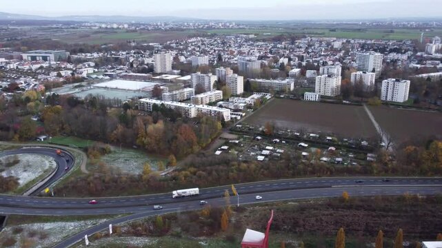 Aerial view of southern Eschborn, Hesse, Germany in late autumn.