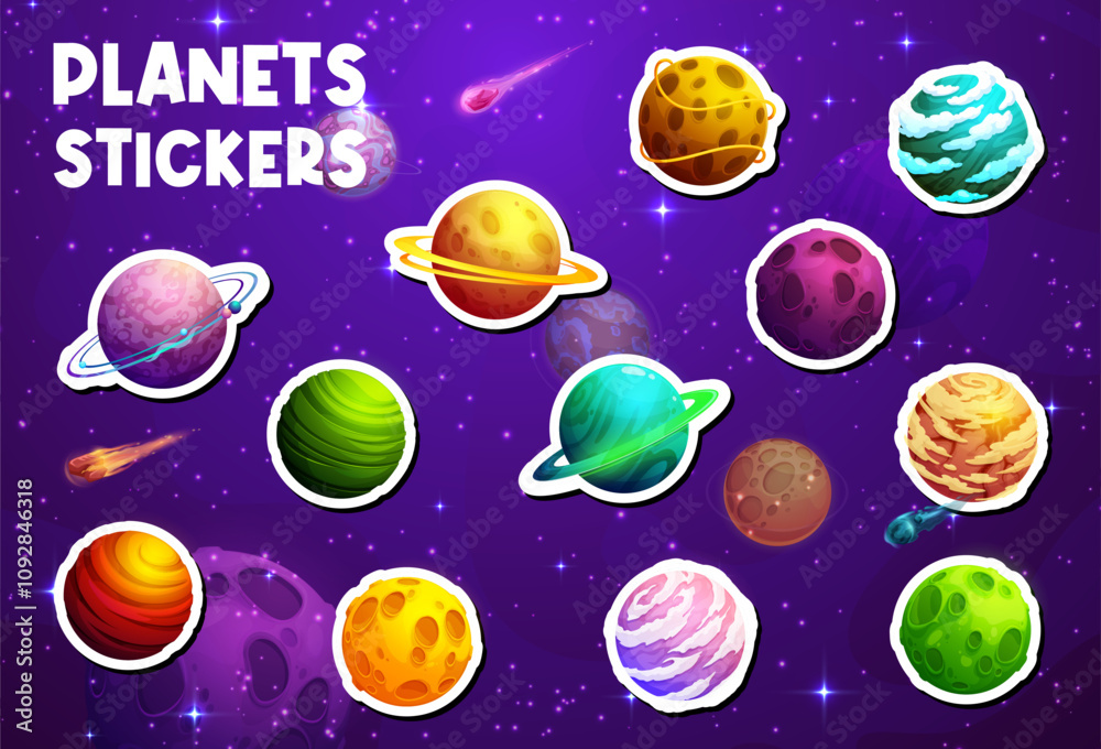 Aufkleber alien space planets stickers on fantasy galaxy universe sky vector background. cartoon futuristic pl