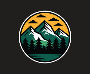 Vector Mountain Landscape with Pine Trees, Sunset, and Clouds in a Circular Emblem Design