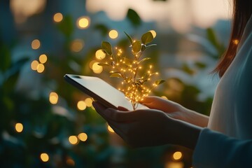 A pair of hands cradles a tablet, from which emerges a glowing tree, symbolizing wisdom, innovation, and the interconnectedness of digital knowledge with nature.
