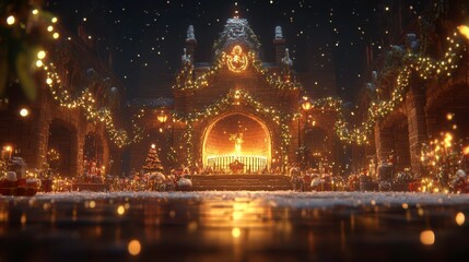 Obraz premium Festive winter celebration cozy cabin digital art snowy landscape warm atmosphere holiday spirit