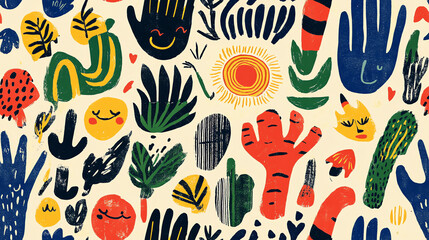 Playful cactus seamless pattern with sun motif