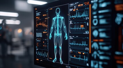 Digital display of a human body scan with data visualization.