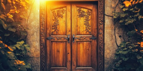 A beautifully carved wooden door surrounded by greenery and warm sunlight.
