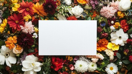 Blank greeting card with a vibrant flower arrangement beside it, perfect for expressing sentiments.