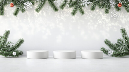 a photorealistic product mockup scene for the winter holidays. there should be exactly three empty podiums spaced equidistant from each other. there should be a lot of space around the podiums and the