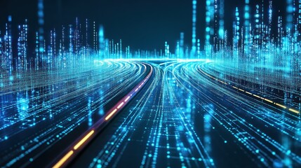 A futuristic digital landscape with glowing lines and data points, suggesting technology and innovation.