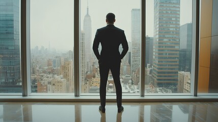 Fototapeta premium A businessman in a suit stands with his back turned, looking out of the window at an empty cityscape