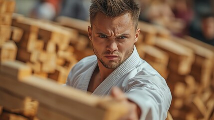 Focused karateka breaking wooden boards.