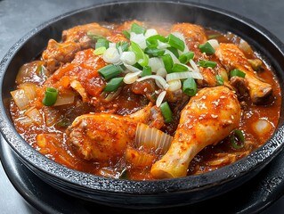 Spicy Korean Braised Chicken Stew (Dakbokkeumtang) with Green Onions and Rich Red Sauce