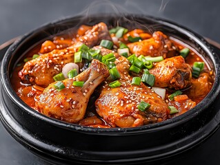 Spicy Korean Braised Chicken Stew (Dakbokkeumtang) with Green Onions and Rich Red Sauce