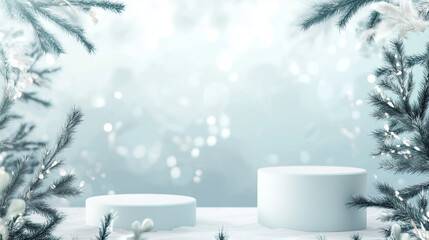 a photorealistic product mockup scene for the winter holidays. there should be exactly three empty podiums spaced equidistant from each other. there should be a lot of space around the podiums and the
