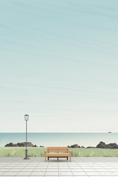 Public park at seaside have blue sky vertical background graphic illustration.