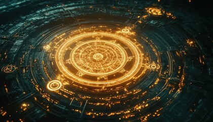 Obraz premium A glowing circular interface with intricate patterns and symbols.