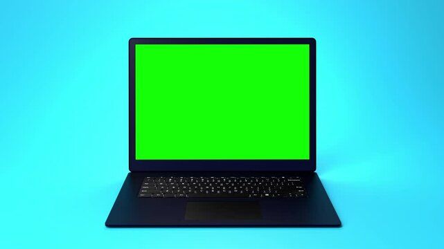 Slim no brand laptop mockup 3D animation. Opening Laptop with chroma key.