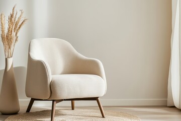 Fototapeta premium cozy home decor, soft boucle armchair in neutral tones adds coziness to a living room with warm lighting and room for text