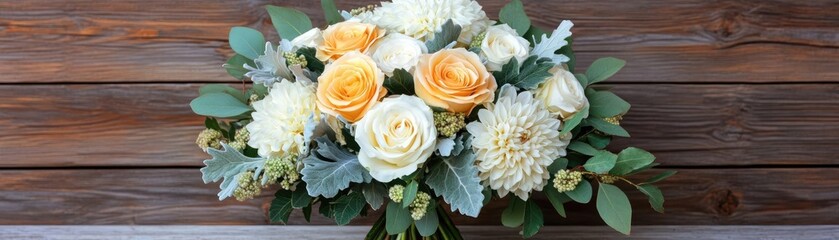 Obraz premium Elegant bouquet with Chardonnay colors, golden roses, cream dahlias, rustic green foliage