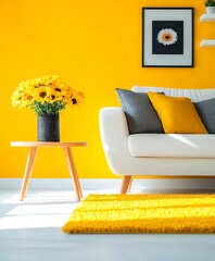 Bright living room with white sofa and yellow accents